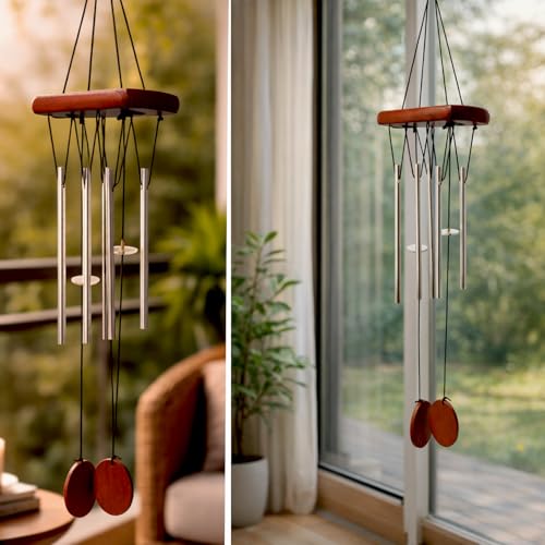Image of Decorative Wind Chime for Home | Wooden House with Bells Colourful Beads | Positive Energy Balcony Living Room Hall Garden Home Decor (Wind Chimes with 4 Tubes)