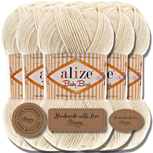 Alize Baby Best Batik 5 ovillos de 100 g de lana turca para tejer prendas para bebés, color liso, hilo para hacer punto a mano, tejer, hacer ganchillo, algodón suave (crema claro, 62)
