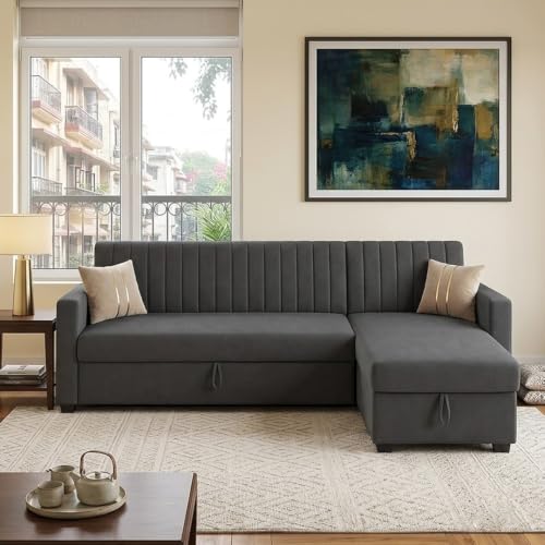 Image of CASASTYLE Kyagar 4 Seater RHS L Shape Sofa with Pull Out Bed & Storage Lounger | Premium Soft Velvet Suede Fabric | Comfort Cushions | Ideal for Living Room, Hotel & Office (Dark Grey)