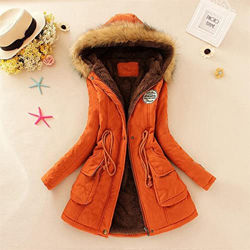 Qsxlts Womens Winter Warm Coats Faux Fur Lined Quilted Hooded Jackets Hoodies Pea Slim Parka Overcoat Casual Outwear Orange #TOP1
