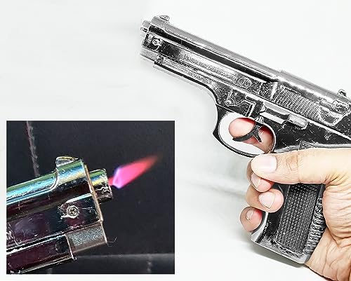 Image of 608 Heavy Metal Gun Lighter with Barrel Pull Back Heavy Metal Made Silver Color Gun Shape Gas Lighter with PU Case | Loading Feature Dummy Gun
