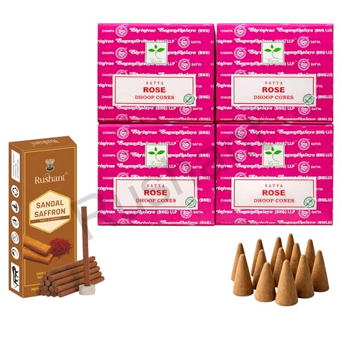Image of Satya Rose Dhoop Cones with Stand, 4 Packs x 12 (48 Cones) + Rushant Sandal Saffron Dhoop Sticks (10) – Floral Incense Set for Meditation, Yoga, Relaxation & Spiritual Use