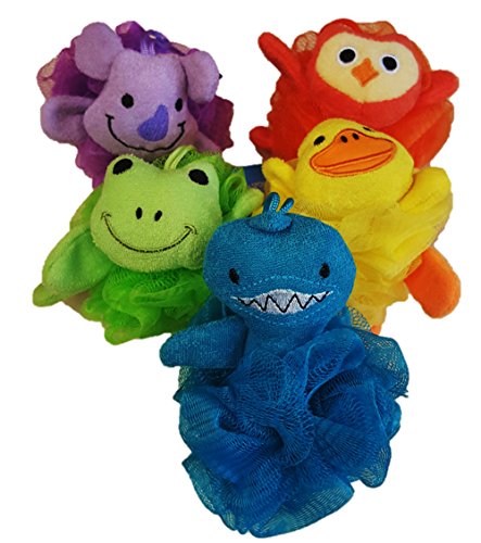 Animal Bath Loofah Sponges with Carrying Case - Set of 4 (Asst. Between Duck, Owl, Frog, Bear & Shark)