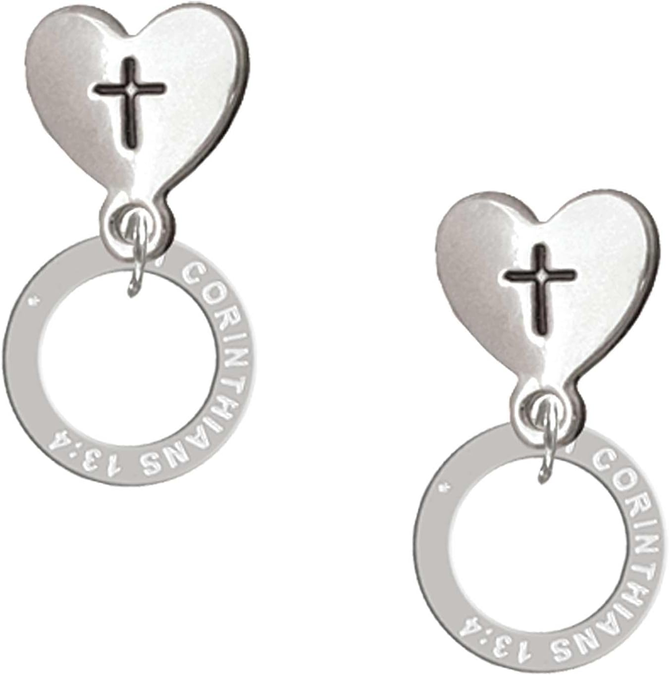 Delight Jewelry Silvertone Bible Verse Eternity Ring Cross in Heart Post Dangle Earrings
