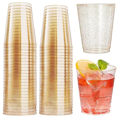 Partybecher, 50 Stücke Plastikbecher, 300 ml Becher Plastik, Goldene Pailletten Plastik Becher, Wiederverwendbar Plastik Becher Party Geeignet für Geburtstage Hochzeiten Partys Camping und Picknicks