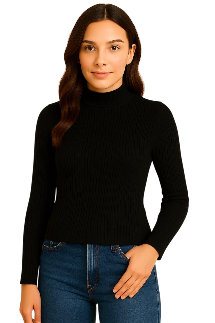 Women’s High Neck Ribbed Knit Top | Soft Stretchable Full Sleeve Fitted Top | Elegant Casual Wear for Office, Travel & Daily Outfits-image-16