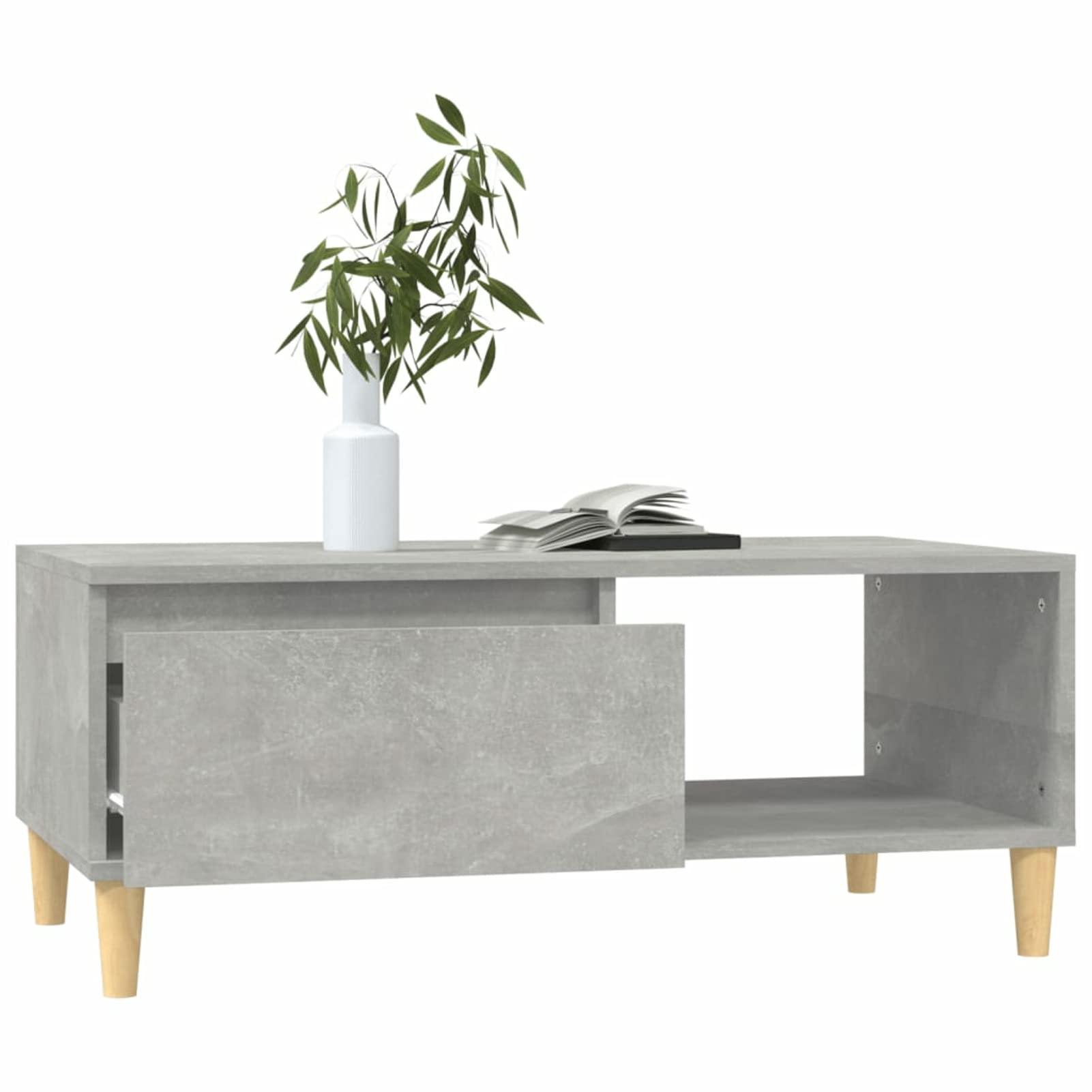 Mesa de centro escandinava con almacenamiento, 90x50x36,5 cm, gris hormigón, madera contrachapada y eucalipto