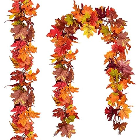 2 Pack Artificial Maple Leaf Garlands, 5.9ft/Piece Fall Maple Garland Autumn Hanging Fall Leaf Vines with 4 Hook for Indoor Outdoor Wedding Thanksgiving Dinner Party Fireplace Christmas Decor Cover