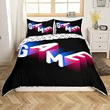 Parure de lit réversible avec housse de couette et 2 taies d'oreiller Motif joueur de jeu Taille S-King, style minimaliste réversible avec imprimé de mots Bleu/rose