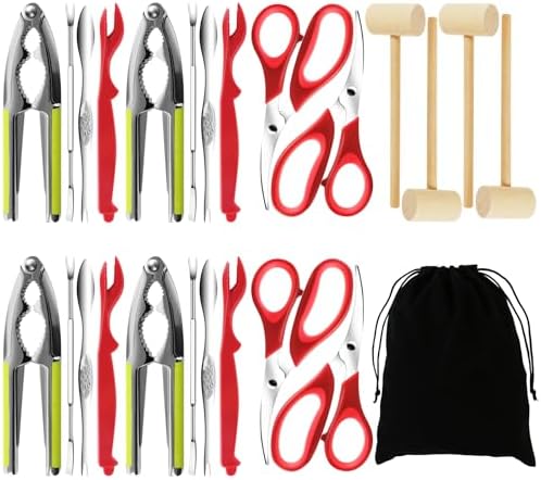 Seafood Crab Crackers and Tools, 25 Pcs Crab Leg Cracker Tool, Nut Crackers Tool, Crab Crackers, Lobster Shellers, Seafood Forks, Wide Crab Forks, Seafood Scissors, Crab Hammers, mobzio Crab Tools