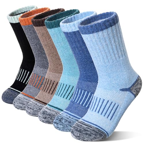 Eocom Kids Merino Wool Hiking Socks Toddlers Boys Girls Thermal Warm Winter Cushion Moisture Wicking Boot Crew Socks 6 Pairs(Black/Grey/Blue/Brown 8-12 Years)