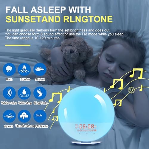 Reloj despertador Sunrise con sonidos de sueño, luz de despertador regulable para niños y adultos, lámpara de luz nocturna con 8 sonidos naturales