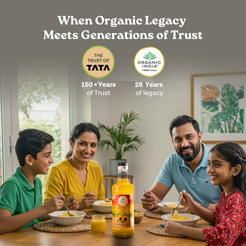 Image of Organic India Sunflower Oil, 1000ml | Lab Tested on 250+ Parameters | Certified Organic| Cold Pressed Oil with Natural Flavours and Aroma | Extracted from Organically Grown Sunflower Seeds