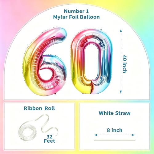 Image of Rainbow Number Balloons Birthday Balloons - Giant Number 60 Balloon 40 inch, Numbers Balloon Birthday Decorations, Rainbow Party Supplies for Baby Shower