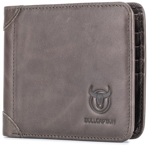 BULLCAPTAIN Men's Genuine Leather RFID Trifold Wallet with 2 ID Window Credit Card Holders Wallets (grey)