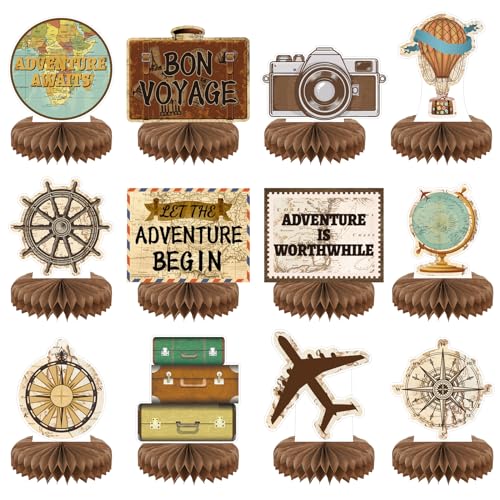 QOUBAI Lot de 12 décorations de fête sur le thème du voyage en nid d'abeille, centre de table Bon voyage, décoration de fête, décoration de fête pour...