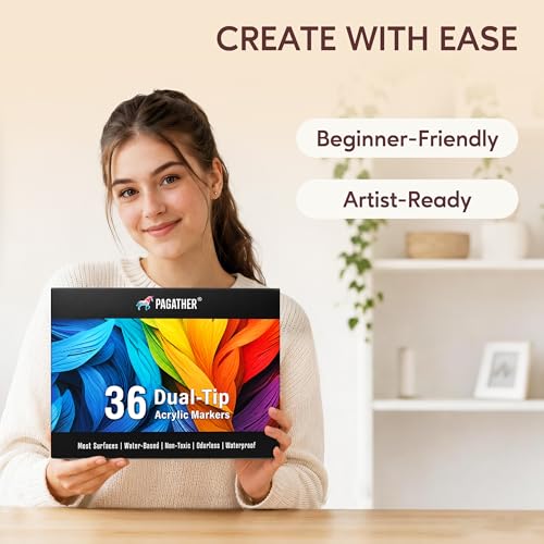 Image of Pagather 36 Colors Acrylic Paint Markers, Dual Tip with Fine Tip and Brush Tip Pens for Fabric, Stone, Wood, Canvas, Ceramic, Metal, Glass, Rock Painting, DIY Crafts