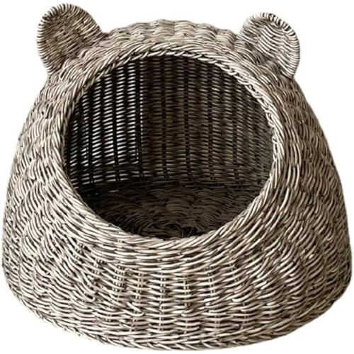 Kwueiitーム型猫ハウス ベッド 猫ちぐら 籠 ちぐらキ おしゃれ 大型丸洗い 籐猫小屋半密閉四季ユニバーサル籐通気性犬小屋 (S,銀ねずみ色)