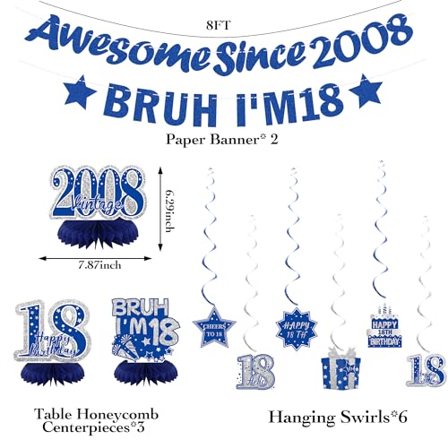 Image of Crenics Blue 2008 18th Birthday Decorations for Boys | Awesome Since 2008 Banner, Bruh I'm 18 Banner, Honeycomb Centerpieces and Hanging Swirls for 18 years old Party Supplies