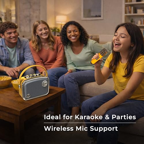 Image of iGear Classic Retro Bluetooth Speaker with Wireless Mic | 50W Powerful Sound, 2500mAh Battery, Bluetooth 5.3, MP3 Player, AUX | Portable Karaoke Speaker for Home, Parties | Yellow | 1 Year Warranty