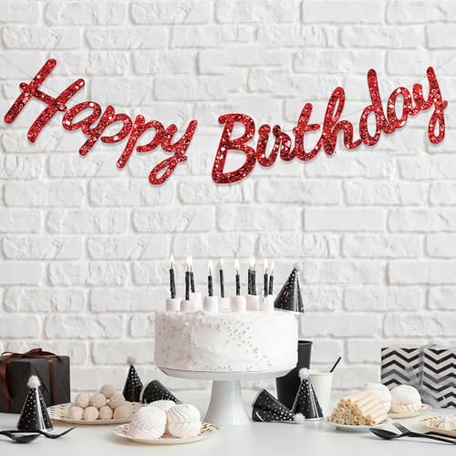Image of Rozi Decoration Red Glitter Cursive Happy Birthday Banner -Sparkle Letter Garland for Birthday Decoration, Reusable Paper Cardstock Hanging Banner for Kids, Adults, Boys & Girls, (Pack of 1 Set)