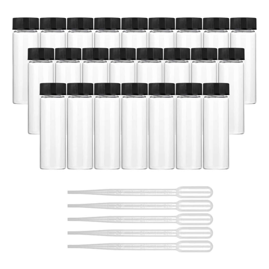 Clear Borosilicate Glass Vials, Culture Tubes with Screw Caps and Plastic Droppers, Small Liquid Sample Vial, Test Tubes, Leak-Proof Vial (25, 20ml)-image-43