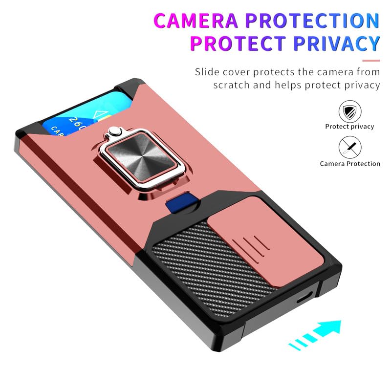 Image of LuxuryKase Shockproof Armor Case for Samsung Galaxy S25 Ultra | Slide Camera Cover | Hidden Card Slot | Rotating Ring Kickstand | Magnetic Car Mount Support | Military Grade Protection - Rose Gold