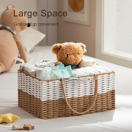Image of HBlife Large Baby Diaper Caddy Organizer, Paper Rope Storage Baskets Nursery Bin with Removable Divider, Portable Car Organizer for Diapers, Baby Shower Gifts, Newborn Essentials Must Haves
