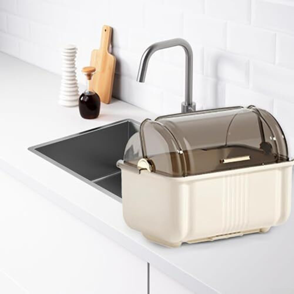 Escurridor de Platos Blanco con Tapa Antipolvo y Bandeja recogegotas extraíble para un Secado higiénico y una Limpieza fácil: solución de Almacenamiento para la vajilla de Cocina.