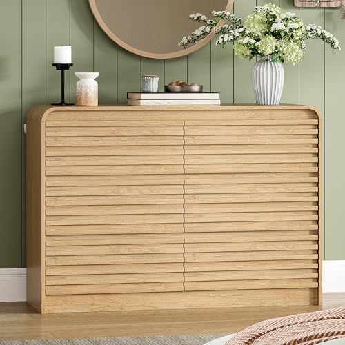 Image of 6 Drawer Dresser for Bedroom,47 inch Wide Fluted Dresser with Curved Edge and Ergonomic Handleless, Large Wooden Clothes Storage Organizer, Modern Chest of Drawers for Closet, Living Room, Natural Wood