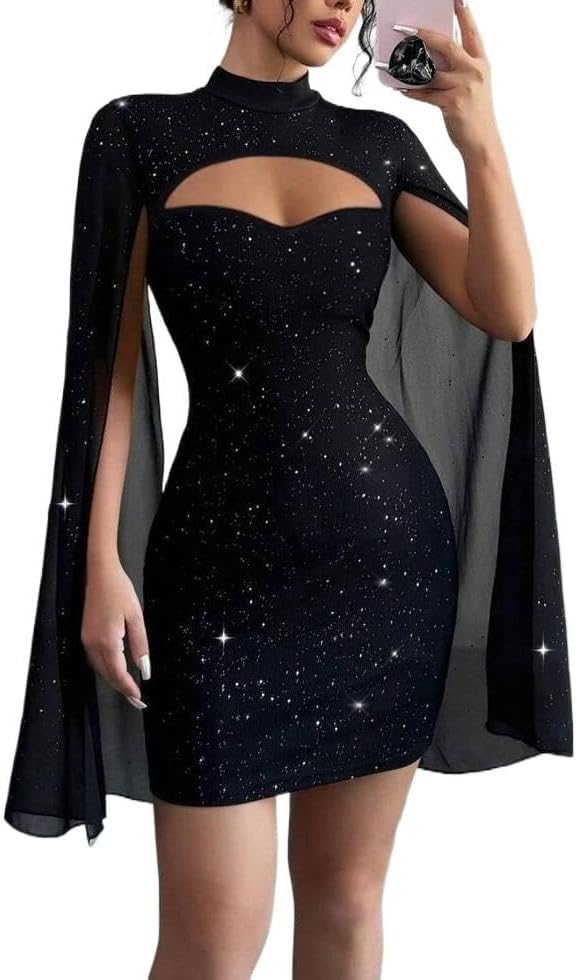 Women's Sequin Cloak Sleeve Dress Mock Neck Cocktail Long Flowy Sleeves for Going Out Fromal Prom Party