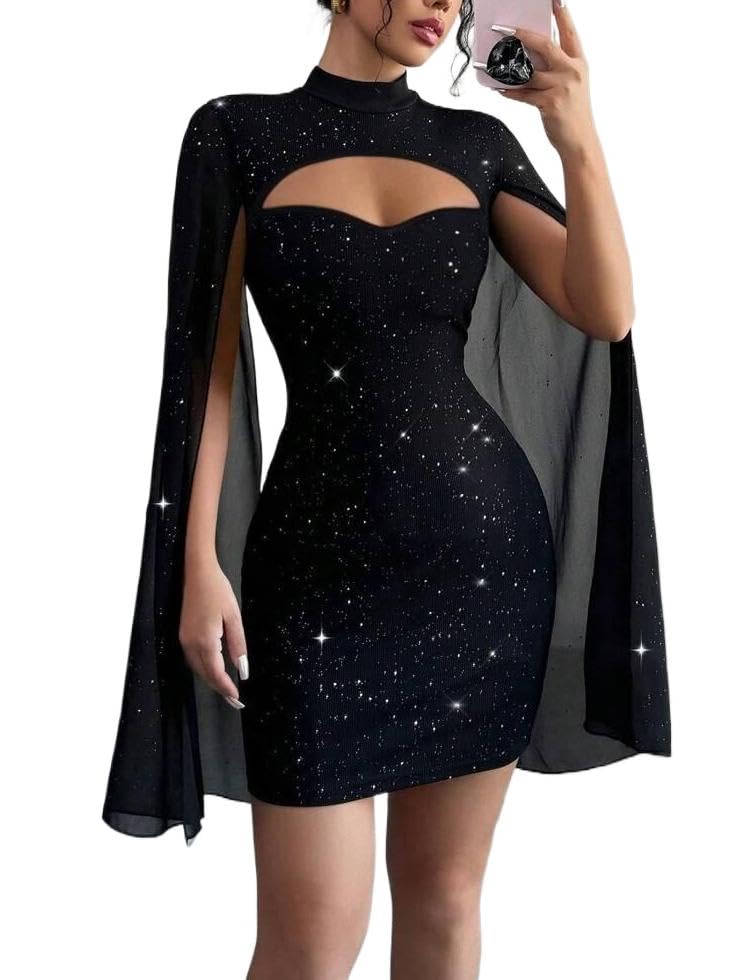 IQLWI Women's Sequin Cloak Sleeve Dress Mock Neck...