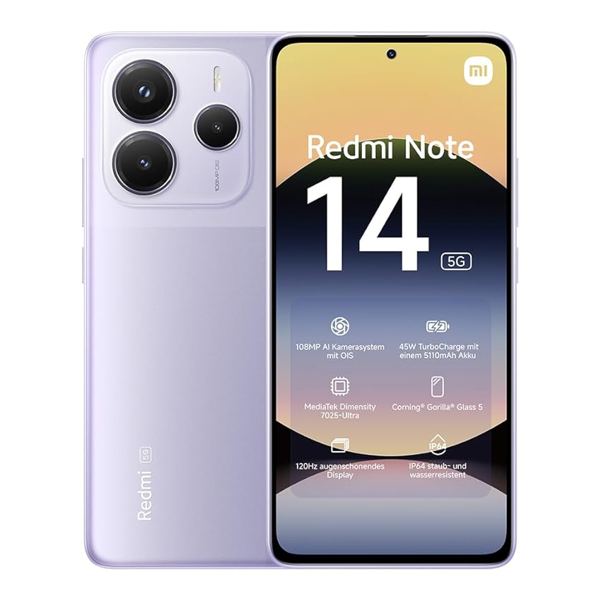 Smartphone Xiaomi Redmi Note 14 5G, 8+256GB, Sistema fotografico AI da 108MP, batteria da 5110mAh, display con tecnologia Eye-Care da 120Hz, funzionalità AI (caricabatterie non incluso),Viola