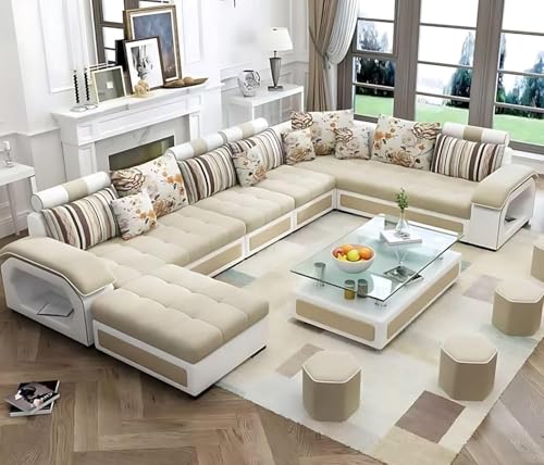 Image of Torque - Silvester 12 Seater U Shaped Sofa Set for Living Room (Left Side, Beige & White) | Large 12-Seater Couch Set with Cushion and Stool | Fabric Sofa for Hall Festival Gifts