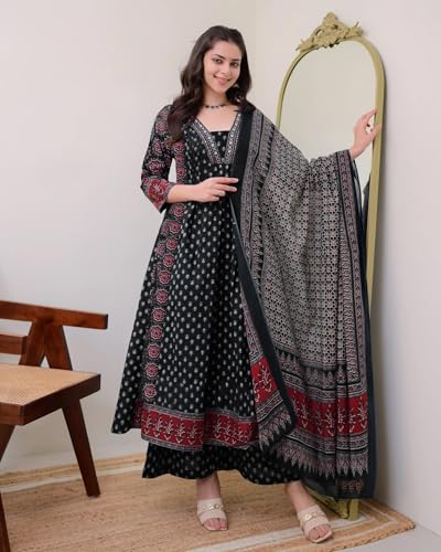 Image of ANNI Designer Women's Pure Cotton Anarkali Kurta Set for Women with Dupatta & Plazzo - Hand Block Print Suit Set | Stylish Dress | Cotton Kurta Set for Women