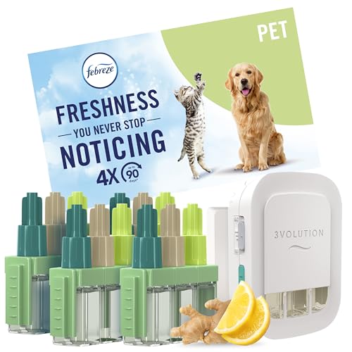 Febreze 3Volution Air Freshener Plug in Starter Kit Pet (Plug + 4 Refills) 4x20ML 3 Alternating Scents to Fight Odours