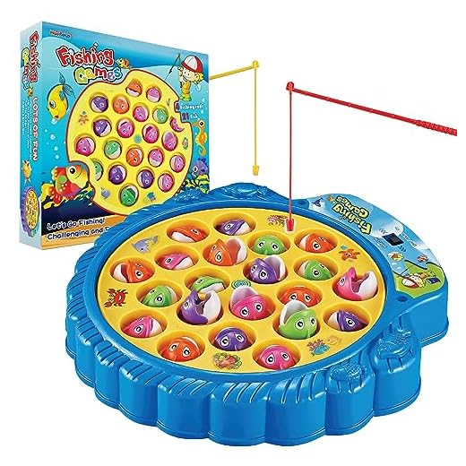 Haktoys Fishing Game Toy Set with Rotating Board with Music On/Off Switch for Quiet Play, Includes 21 Fish and 4 Fishing Poles, Safe and Durable Toy for Toddlers and Kids