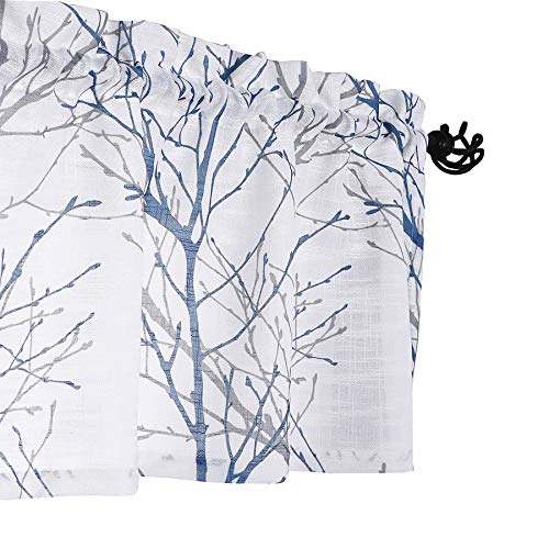 Fmfunctex Blue Kitchen Valance Curtain For Living Room Grey Branch Print On Linen Texture Look Window Valance For Bedroom 50" W X 18" L, 1 Panel, Rod Pocket #TOP1
