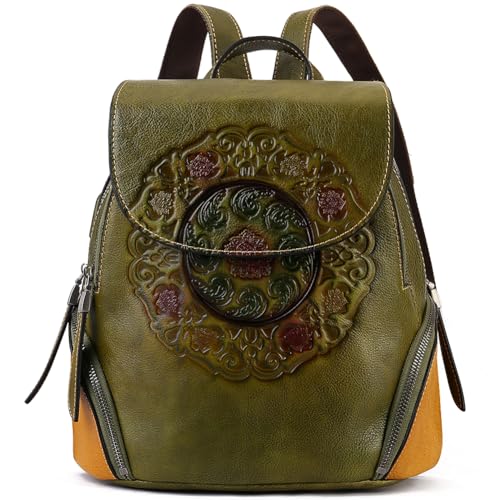 Zhuoliang Small Travel backpack purse for women Genuine Leather Anti Theft Backpack with USB Charging Port Fashion Vintage Embossed Totem Backpacks Army Green