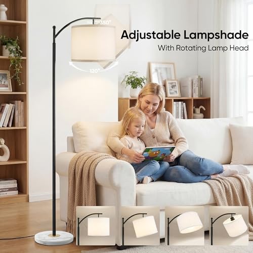 Image of Floor Lamp for Living Room with Marble Base, Modern Standing Lamp with 3 Color Temperatures Bulb & Adjustable Linen Shade, Tall Lamp for Bedroom Office Reading Nursery
