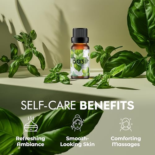 Image of Esslux Basil Essential Oil for Diffusers - 100% Pure & Natural Basil Oil for Skin Care, Aromatherapy, Massage, and Candle Making - Fresh, Herbaceous Scent for DIY, Fragrance, and Relaxation, 15ML