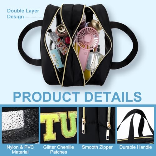 Pinkunn Large Stuff Bags with Handle Double Zippered Chenille Letter Stuff Bag Black Extra Large Clear Travel Pouch Waterproof Nylon Makeup Cosmetic Bag for Women Girls Travel Toiletry Supplies3