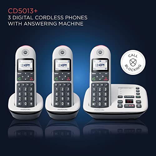 Motorola CD5013 Residential DECT 6.0 Cordless Digital Phone System with Answering Machine, Call Block, and Volume Boost (3 Handsets)
