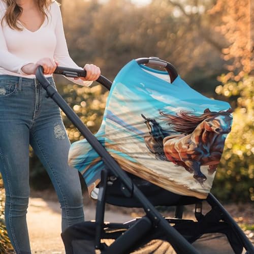 Image of ZFRXIGN Horse Nursing Covers for Breastfeeding and Car Seat Baby Car Seat Covers, Infant Stroller Cover, Carseat Canopy Carseat Cover Girls Blue Beach Sky
