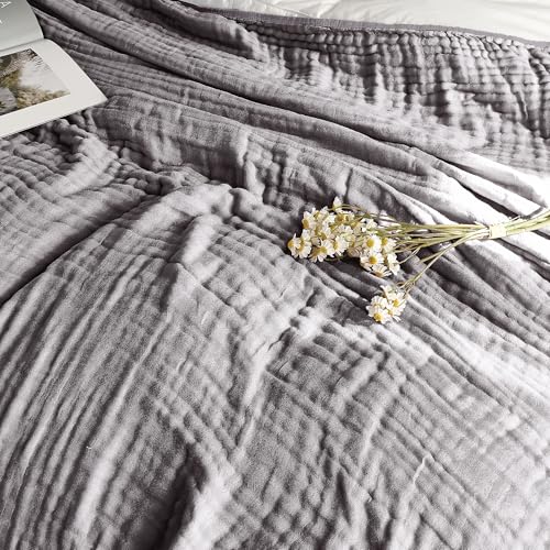 Image of SANACYNA Muslin Blankets 100% Cotton 6-Layer Gauze Gray Grid Bed Blanket Lightweight Soft and Breathable King Blanket for Sofa Couch Bed Coverlet Both Sides (Grey, King 90 inch X 104 inch)