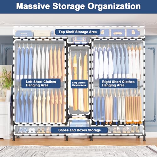 Ulif E12C Heavy Duty Closet Organizer System,Freestanding Clothing Rack, Adjustable Garment Rack 71" W x 16" D x 76.5" H Holds 960 lbs, Black Rack with Black Dustproof Cover