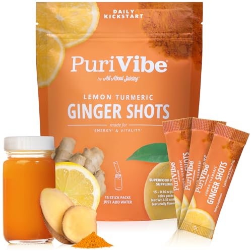 Lemon Turmeric Ginger Shots with Cayenne Ginger Juice Superfood Powder Natural Energy & Daily Kickstart Immunity Shots 15 Wellness Shots Stick Packs PuriVibe