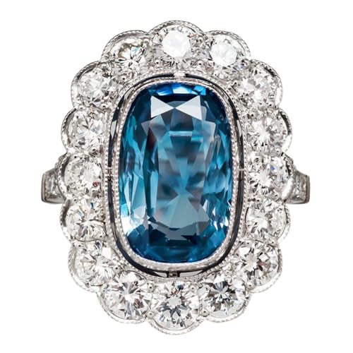 925 Sterling Silver Plated Emerald Cut Simulated Swiss Blue Topaz Halo Engagement Ring for Women