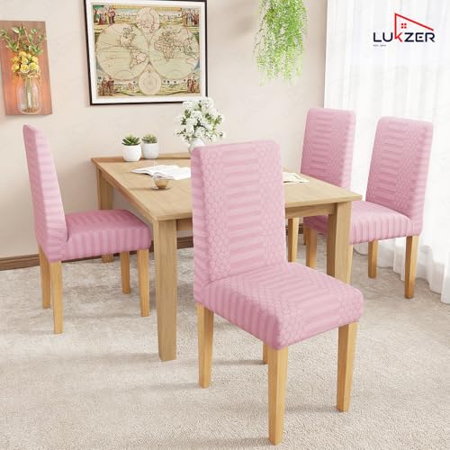 Image of Lukzer Elastic Dining Chair Cover - 6PC Pastel Pink Dotted Stripe | Textured High Stretch Jacquard Seat Cover | Removable Washable Short Dining Chair Cover Protector Seat Slipcover | (CC-068-06)