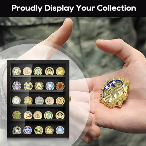 Image of TJ.MOREE Military Challenge Coin Display Case, Coin Display Holder Wall Mount with Removable Shelves, Shadow Box for Medals Pin Badges Buttons